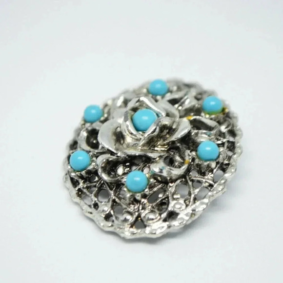 Blue Bead Rose Flower Filigree Silver Tone Retro - Picture 3 of 4